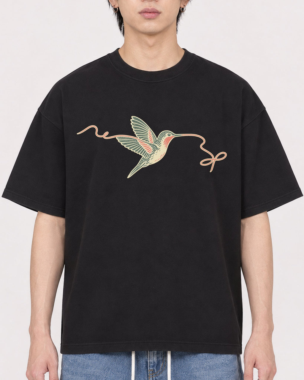 Mockup Boxy Heavyweight Tee Black male close-up 11