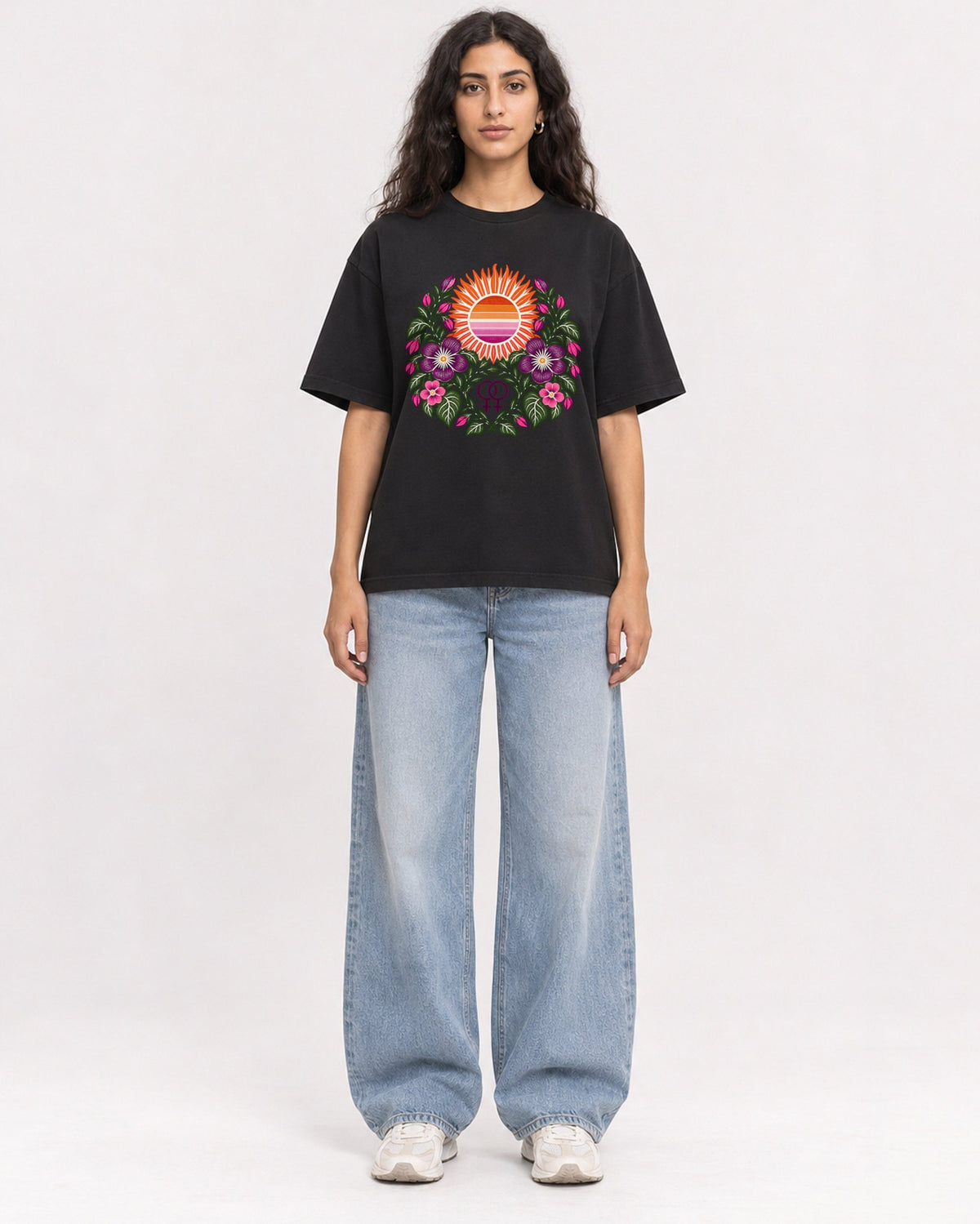 Mockup Boxy Heavyweight Tee Black female full-body 07