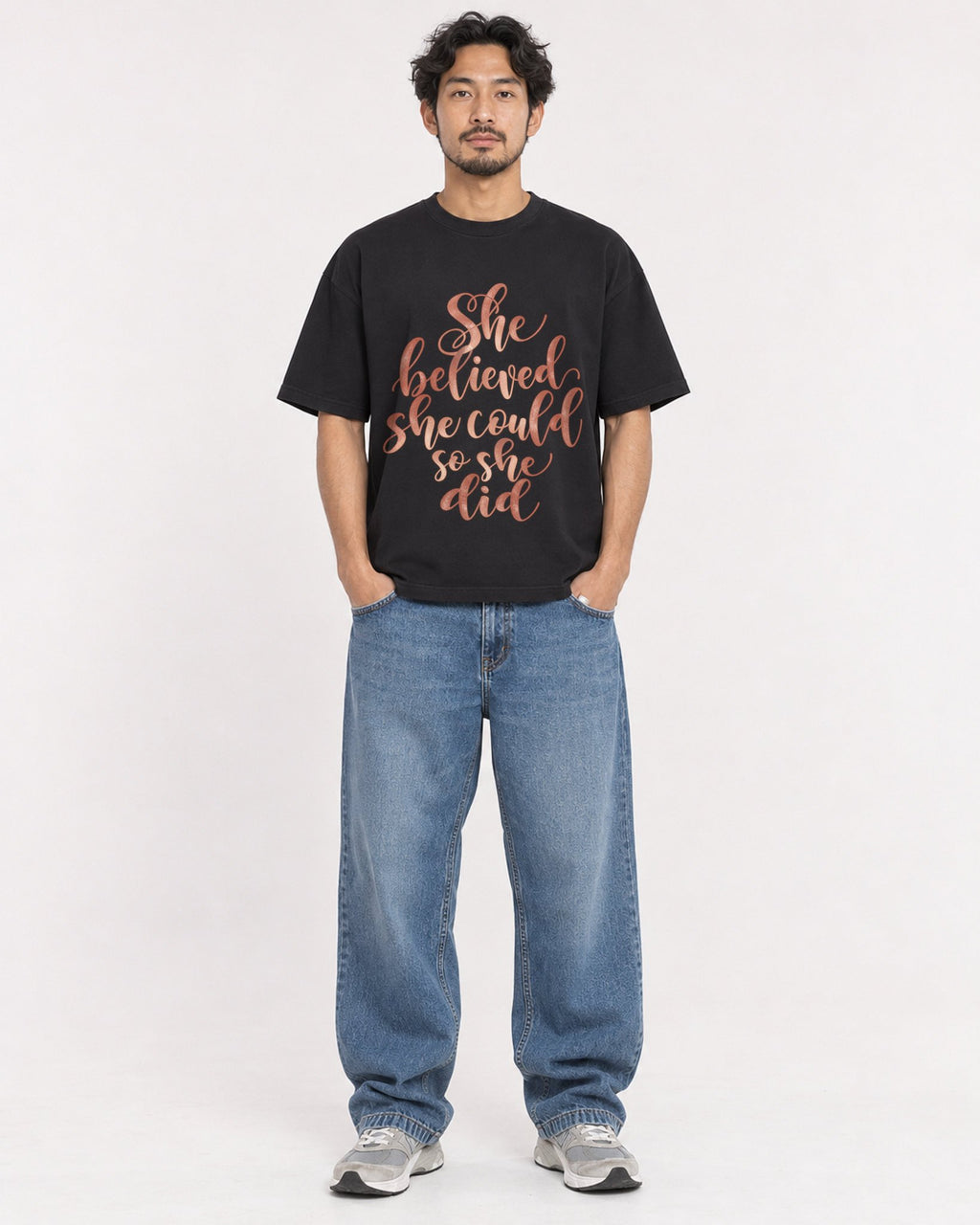 Mockup Boxy Heavyweight Tee Black male full-body 02