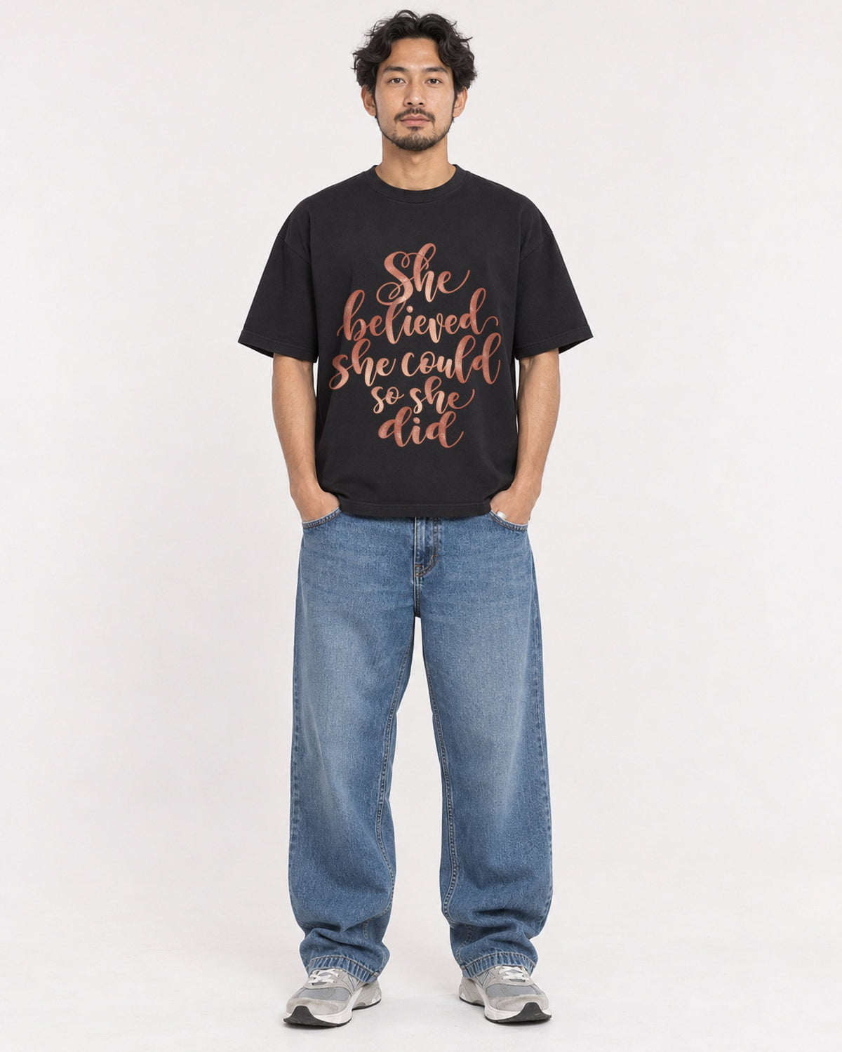 Mockup Boxy Heavyweight Tee Black male full-body 02