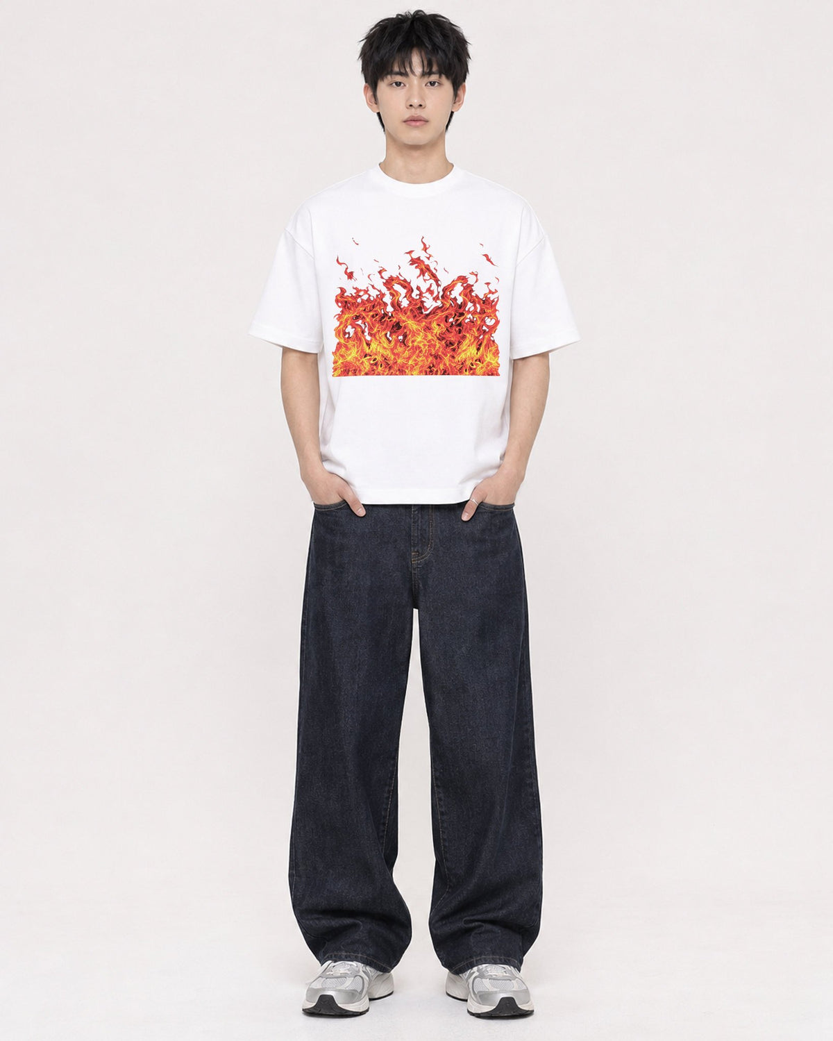 Mockup Boxy Heavyweight Tee White male full-body 01