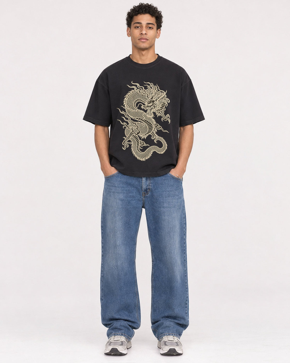Mockup Boxy Heavyweight Tee Black male full-body 10