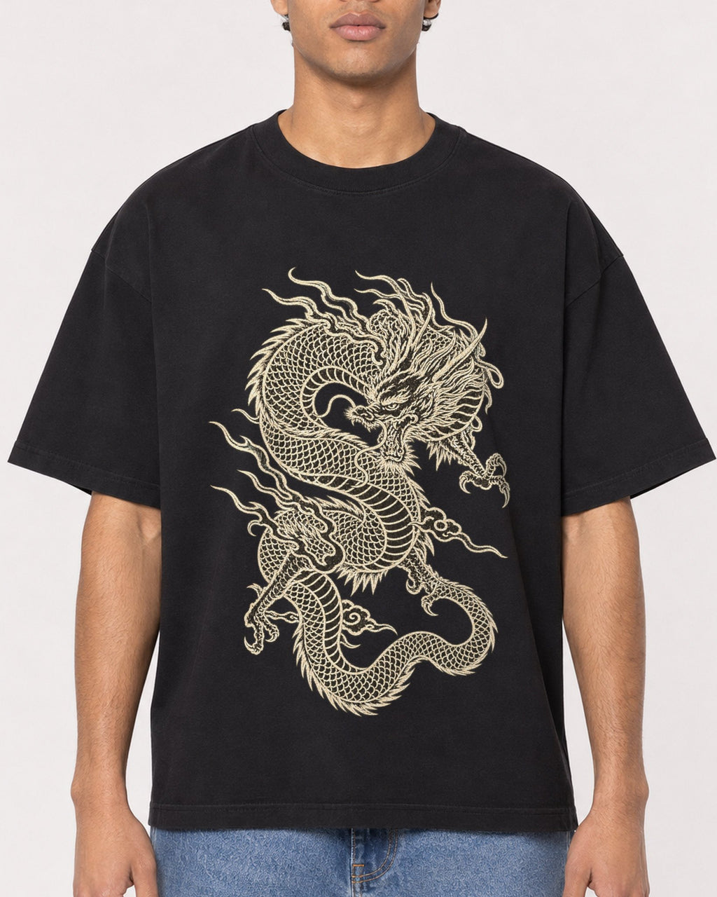 Mockup Boxy Heavyweight Tee Black male close-up 10