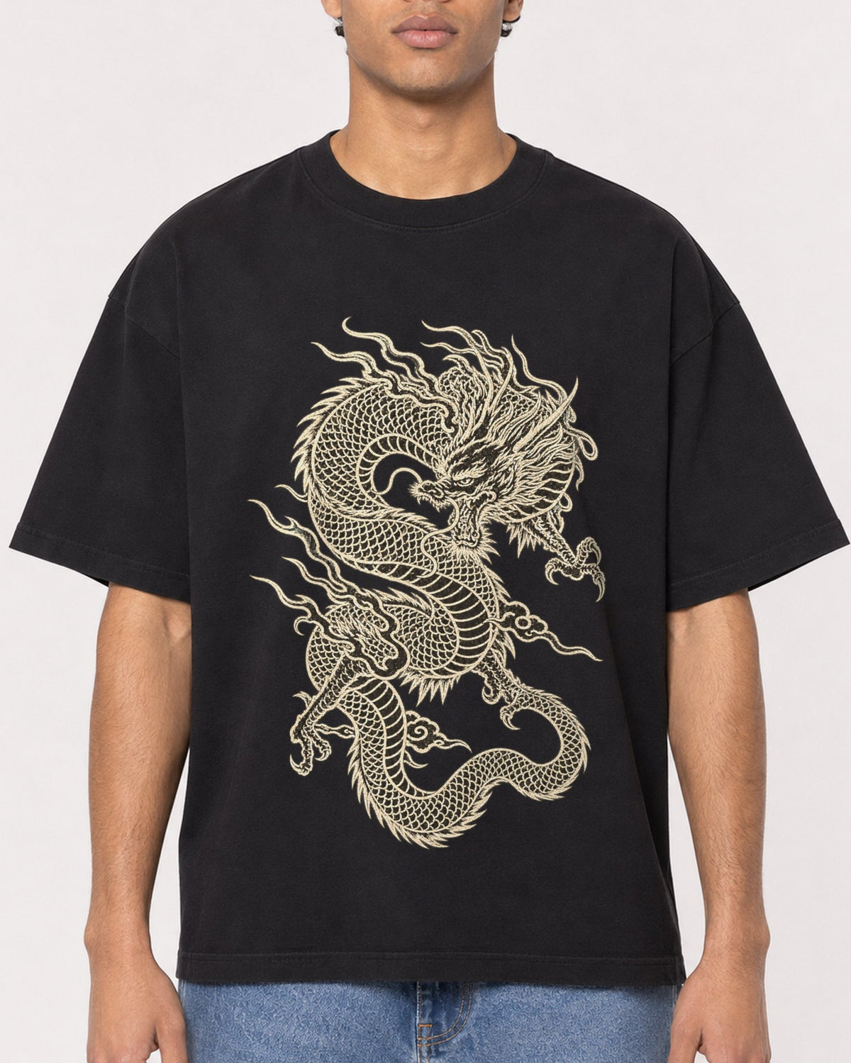 Mockup Boxy Heavyweight Tee Black male close-up 10