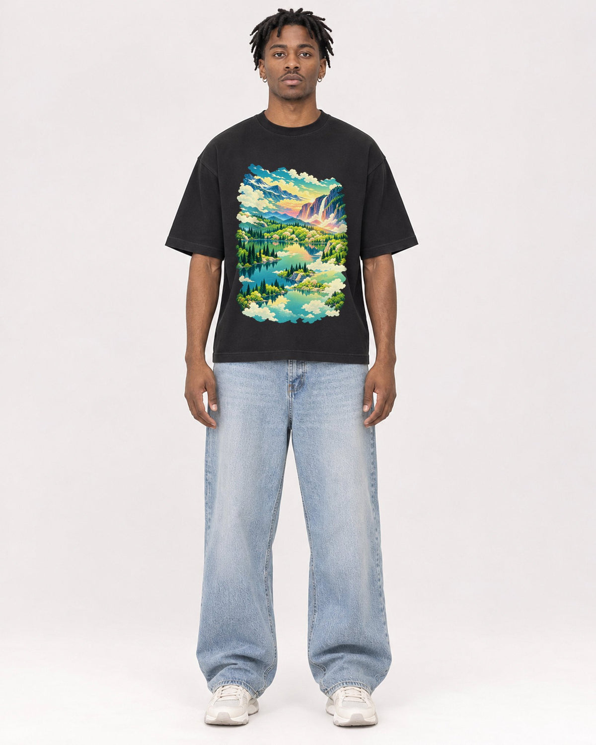 Mockup Boxy Heavyweight Tee Black male full-body 05