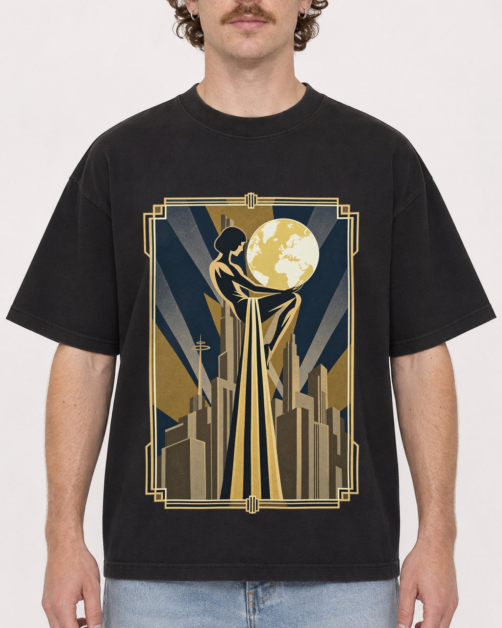 Mockup Boxy Heavyweight Tee Black male close-up 09