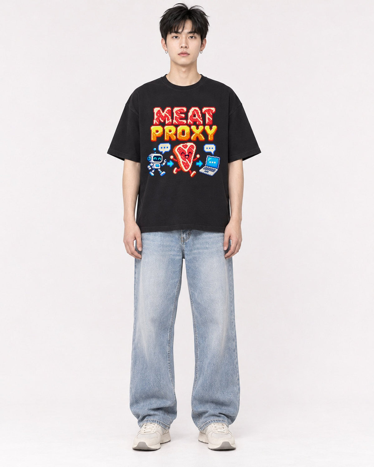 Mockup Boxy Heavyweight Tee Black male full-body 01
