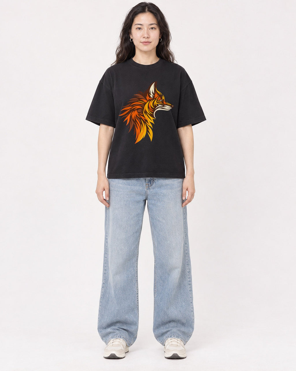Mockup Boxy Heavyweight Tee Black female full-body 03