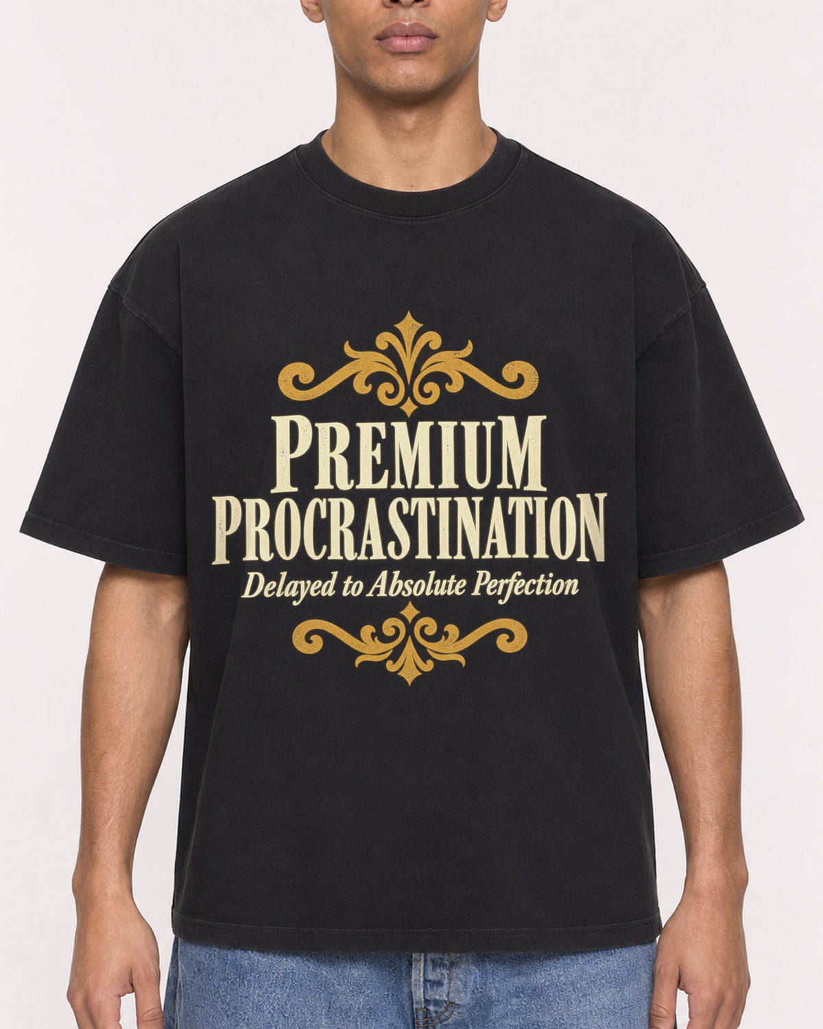 Mockup Boxy Heavyweight Tee Black male close-up 50