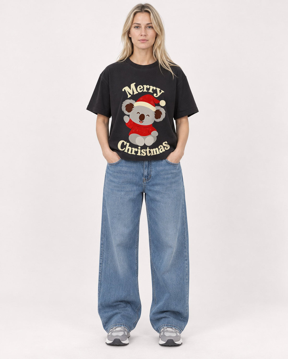 Mockup Boxy Heavyweight Tee Black female full-body 08