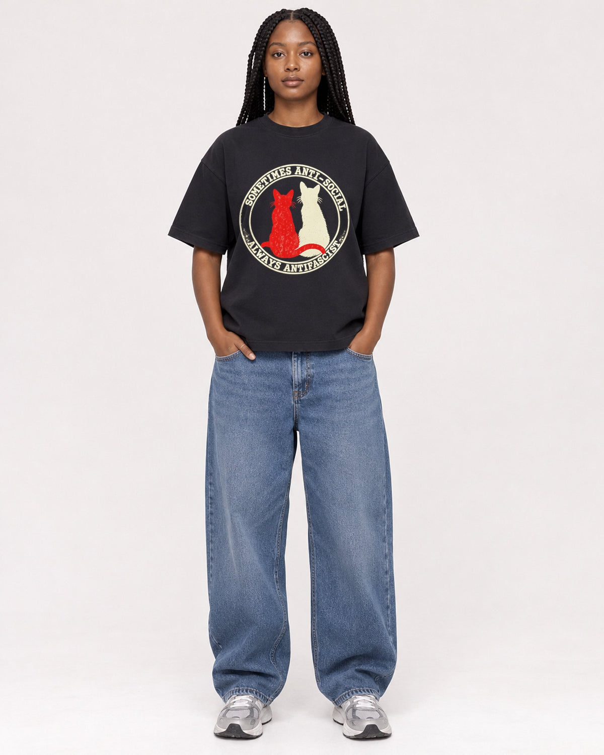 Mockup Boxy Heavyweight Tee Black female full-body 04
