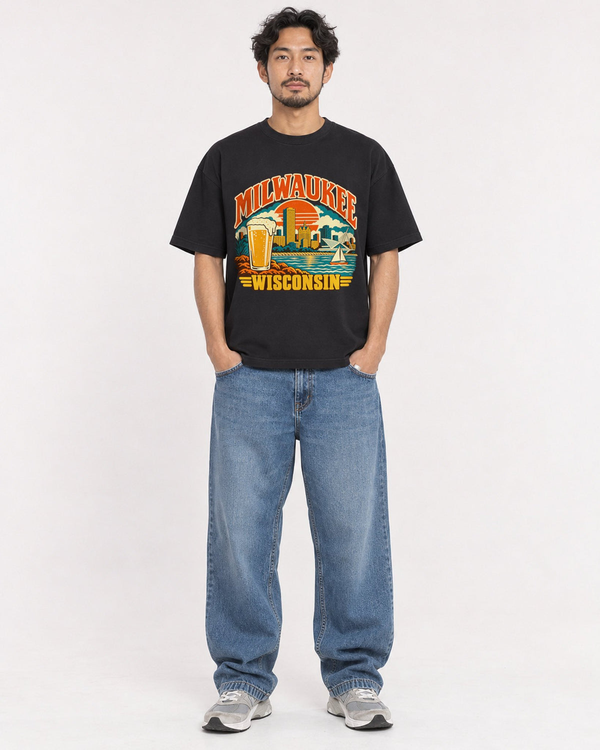 Mockup Boxy Heavyweight Tee Black male full-body 02
