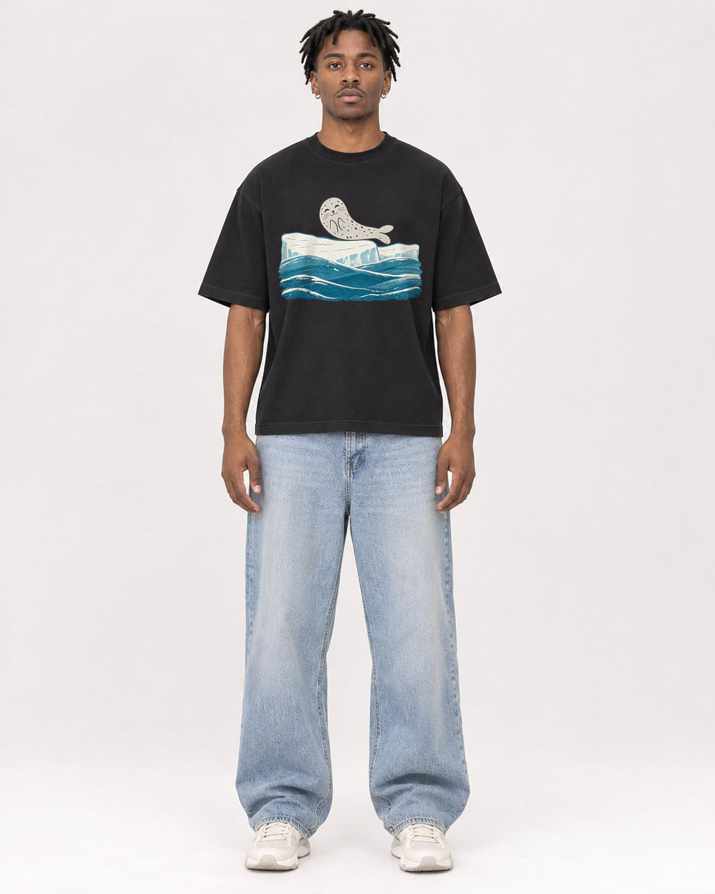 Mockup Boxy Heavyweight Tee Black male full-body 05