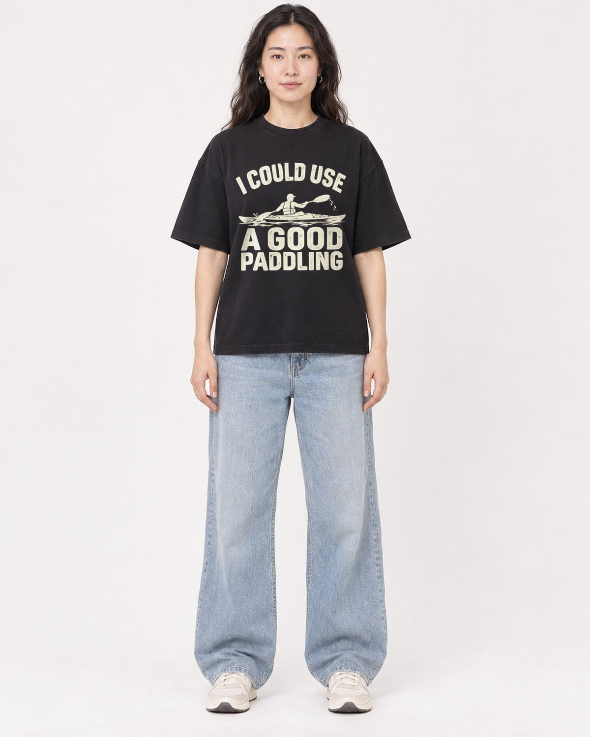 Mockup Boxy Heavyweight Tee Black female full-body 03