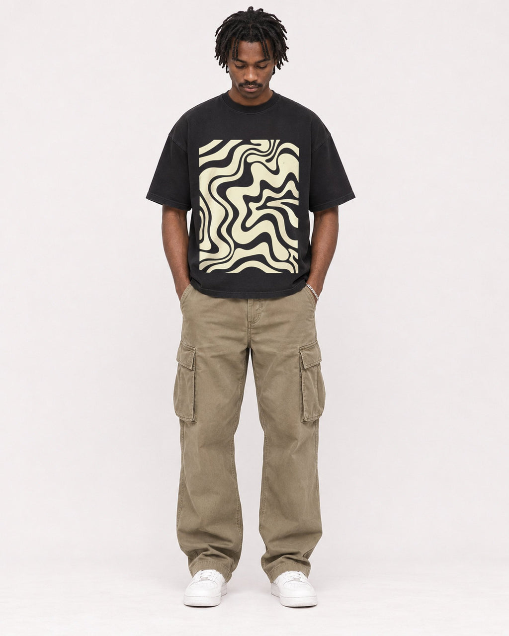 Mockup Boxy Heavyweight Tee Black male full-body 04