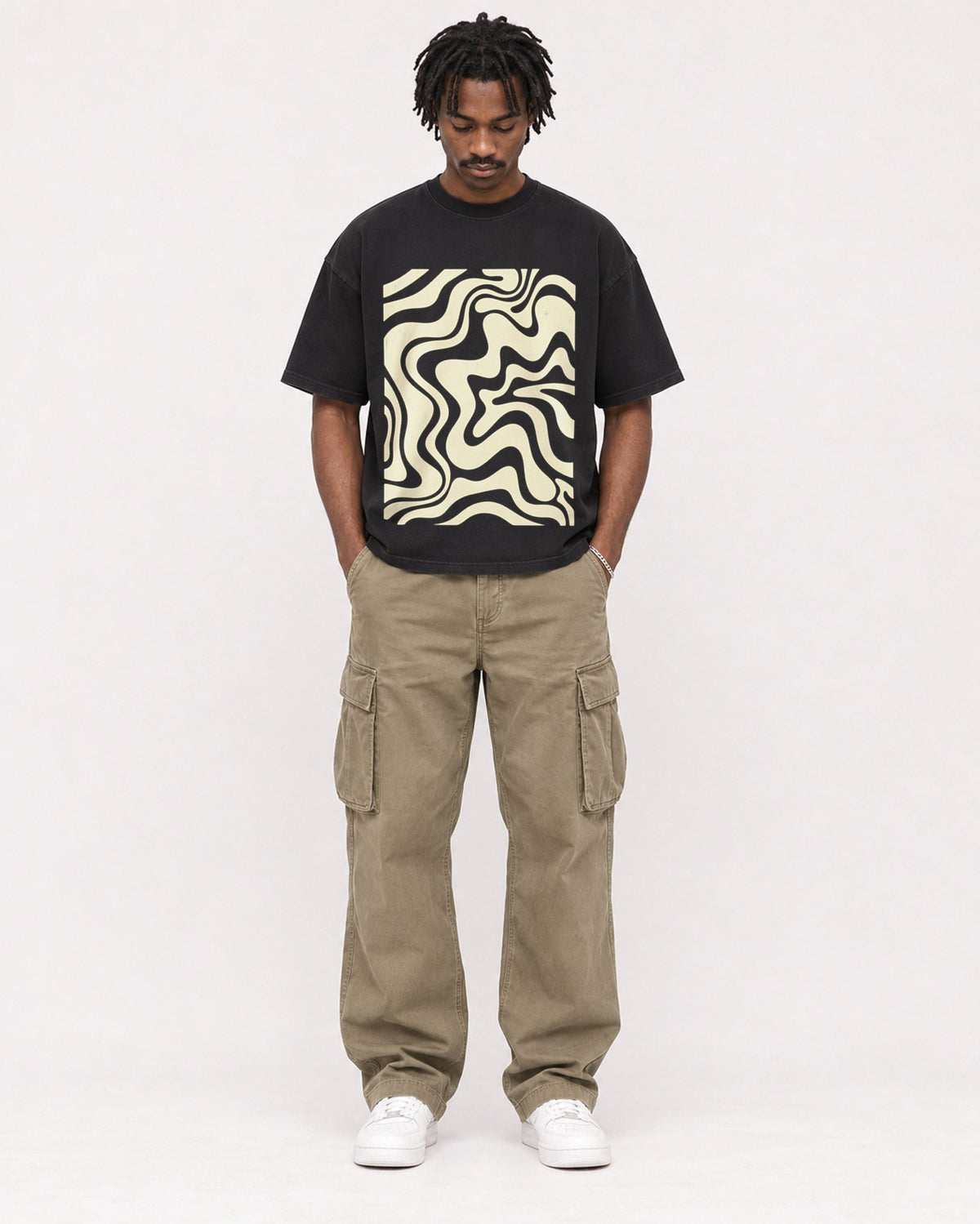 Mockup Boxy Heavyweight Tee Black male full-body 04
