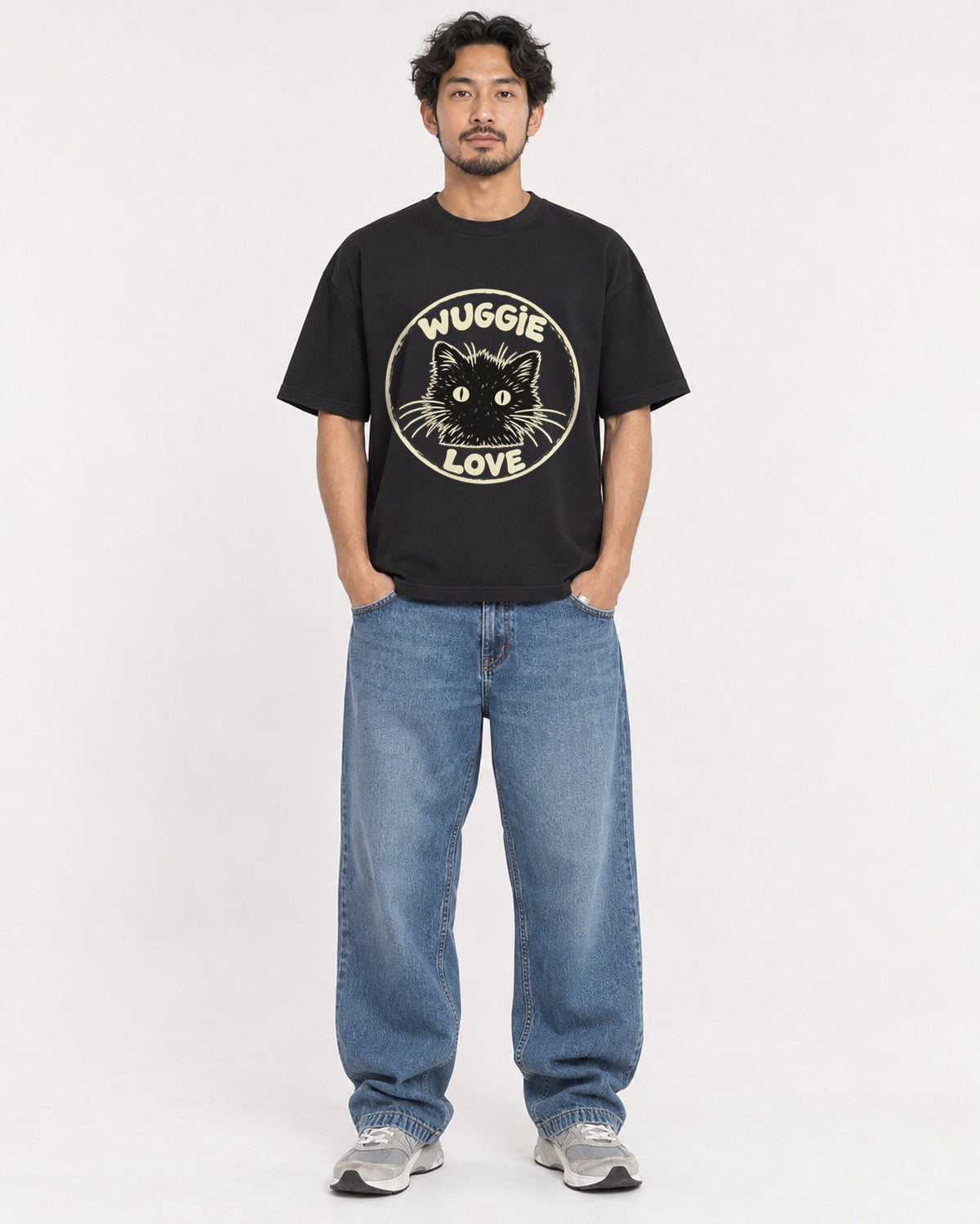 Mockup Boxy Heavyweight Tee Black male full-body 02