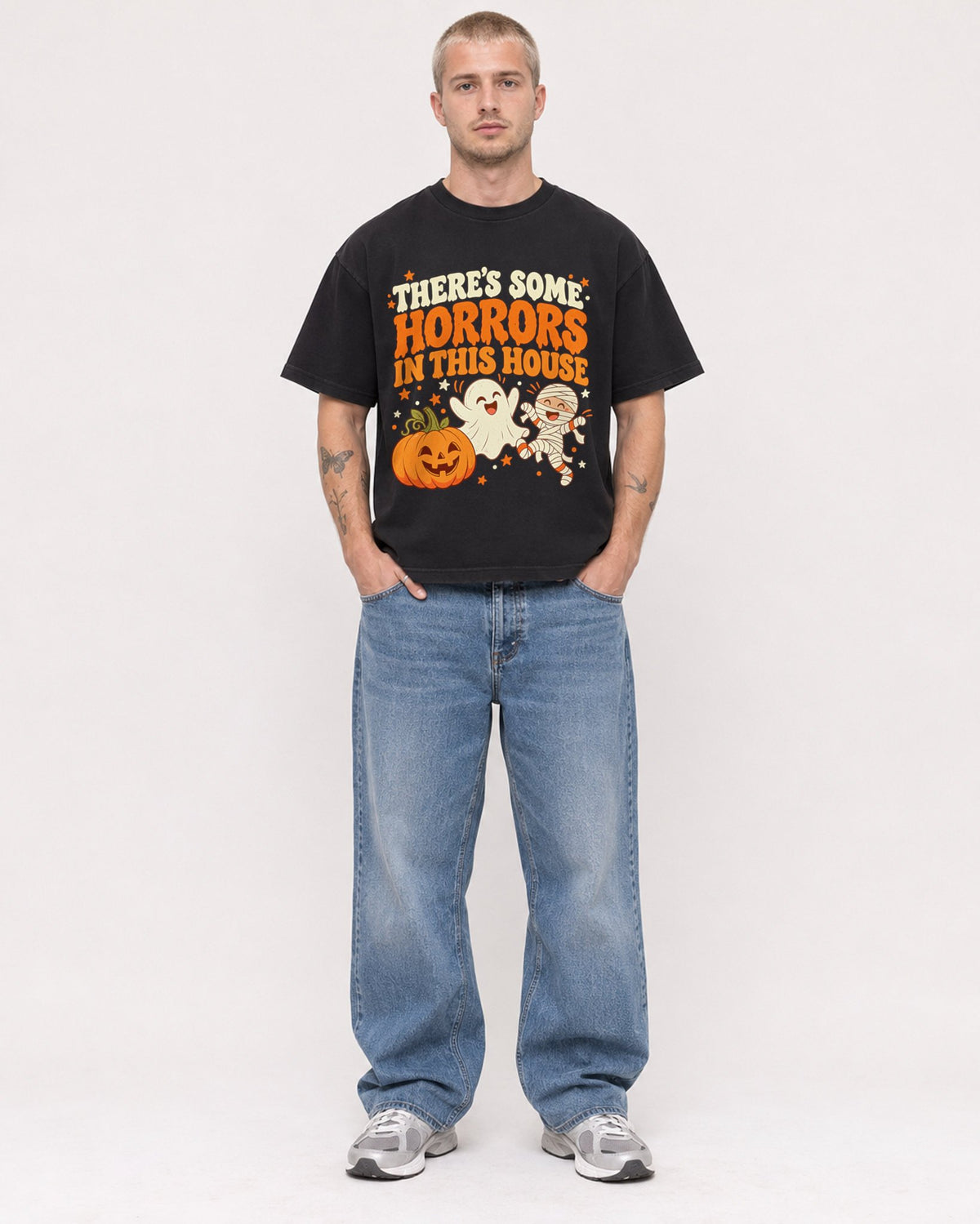 Mockup Boxy Heavyweight Tee Black male full-body 18