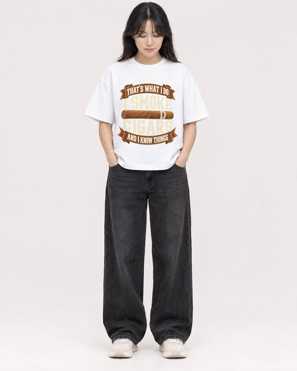 Mockup Boxy Heavyweight Tee White female full-body 13