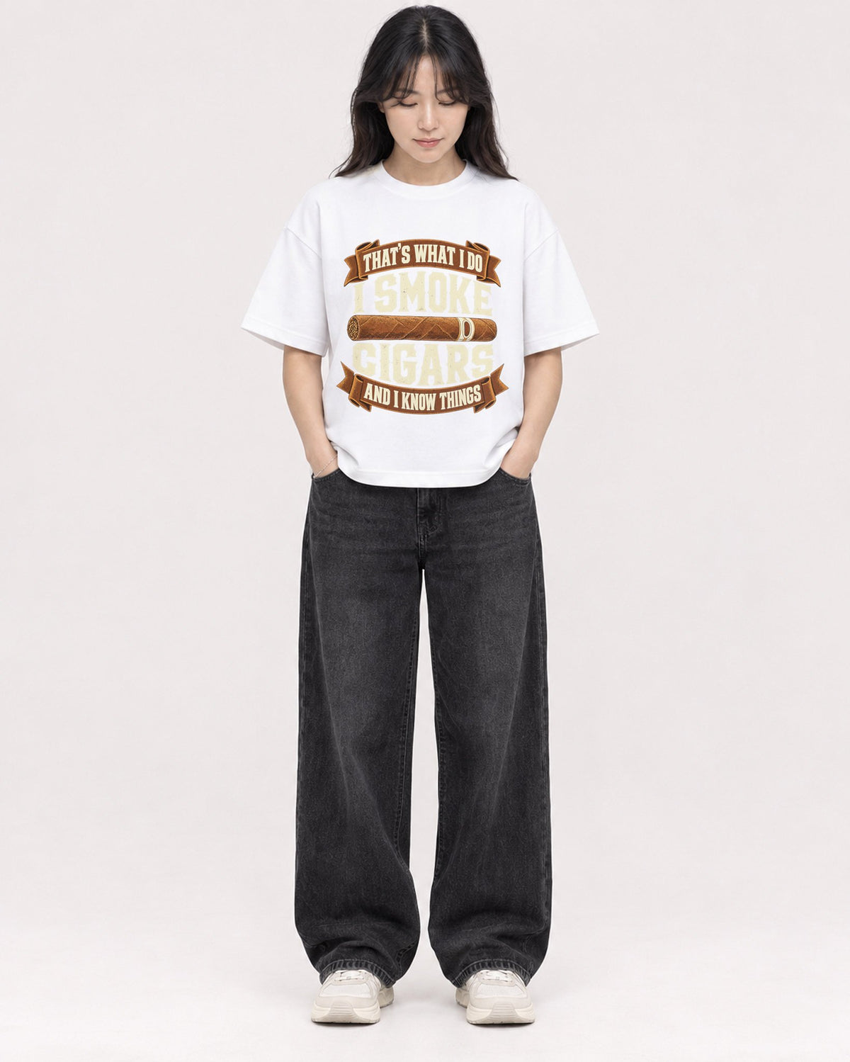 Mockup Boxy Heavyweight Tee White female full-body 13