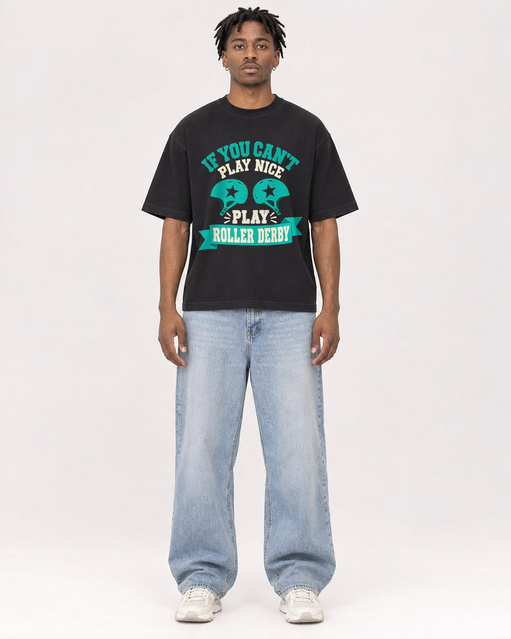 Mockup Boxy Heavyweight Tee Black male full-body 05