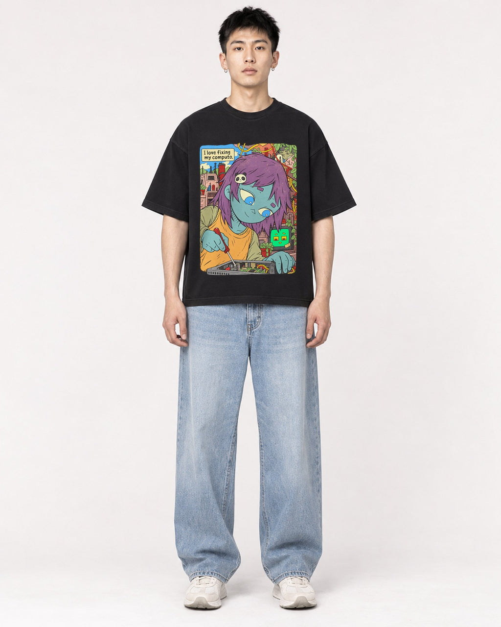 Mockup Boxy Heavyweight Tee Black male full-body 21