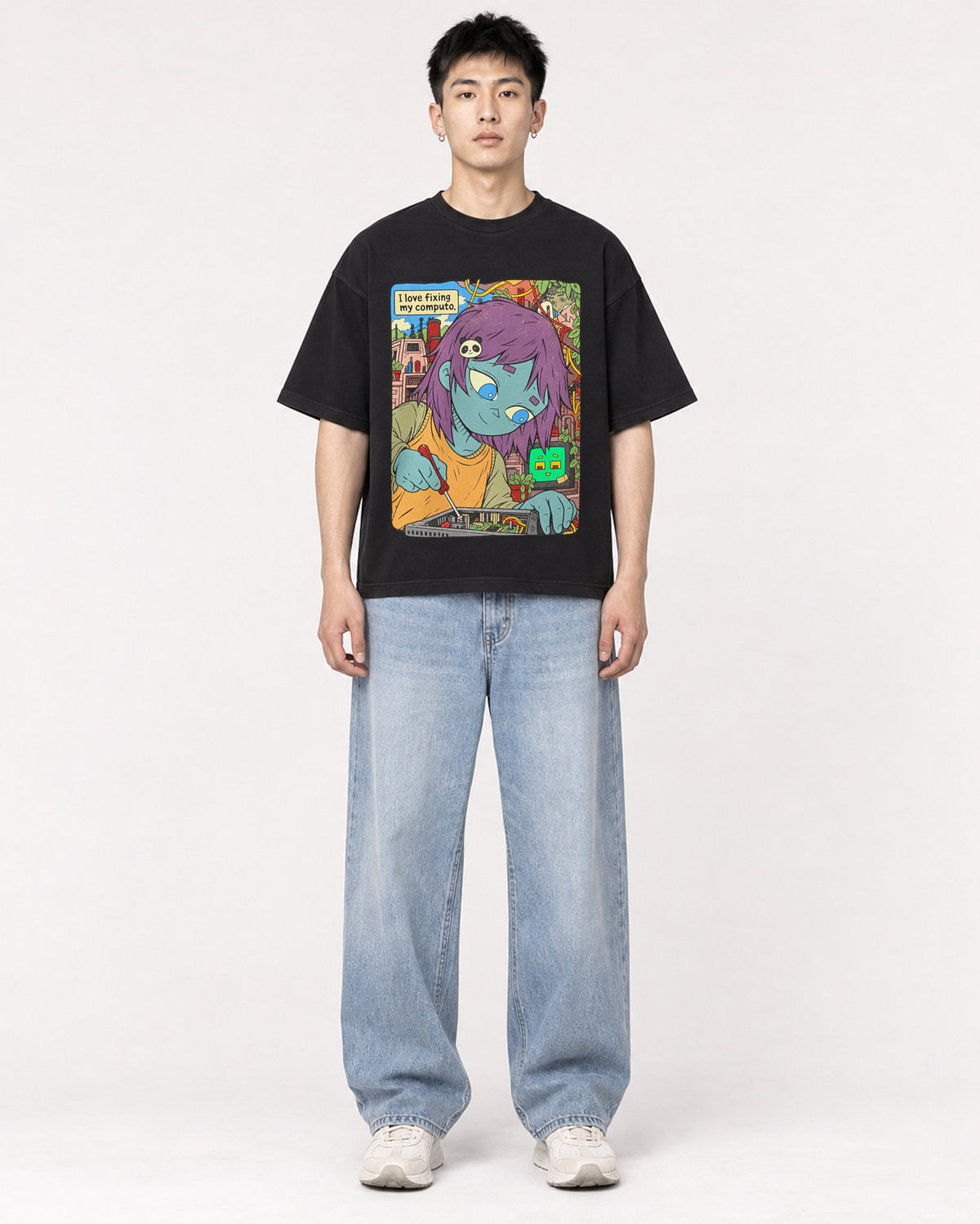 Mockup Boxy Heavyweight Tee Black male full-body 21