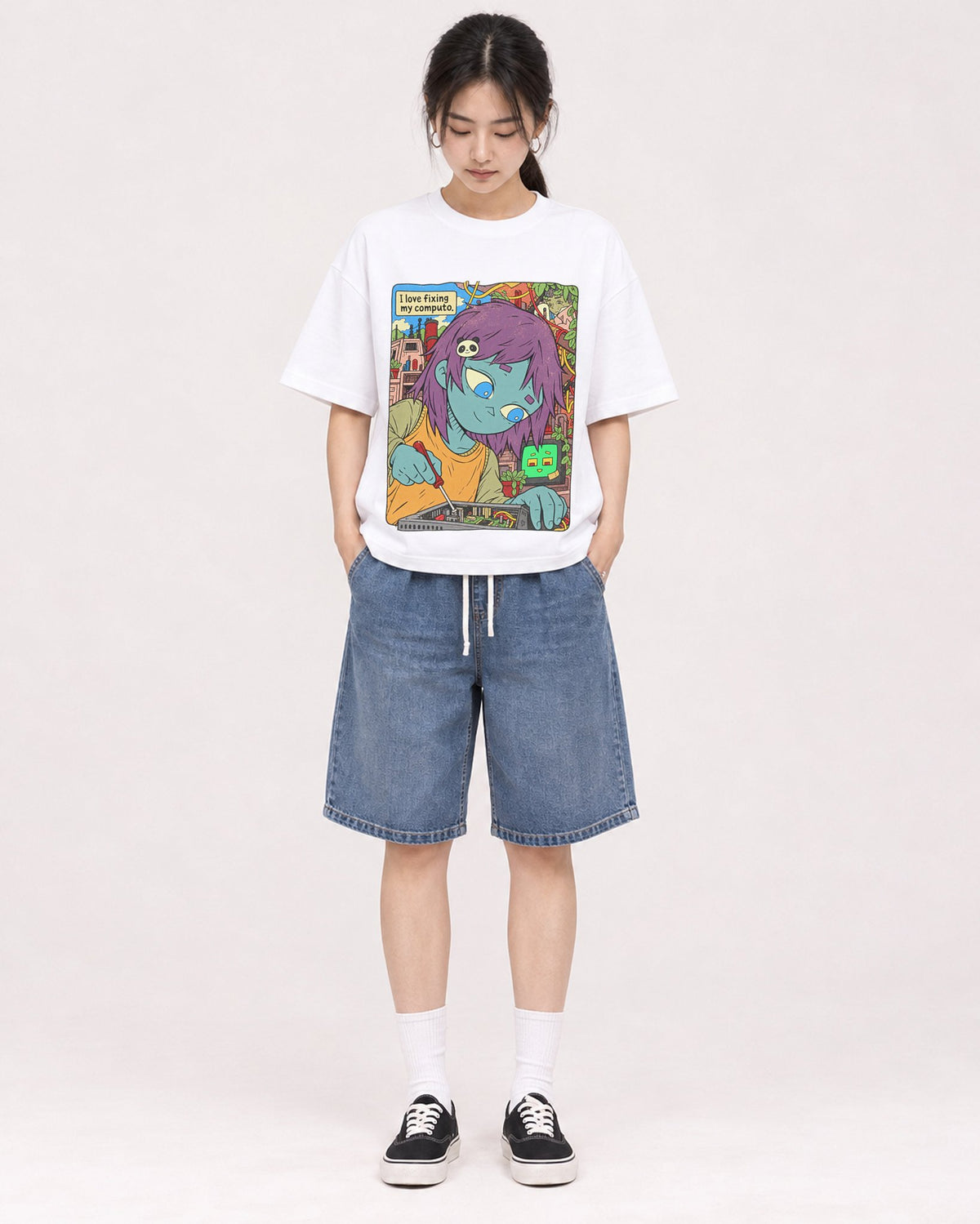 Mockup Boxy Heavyweight Tee White female full-body 21