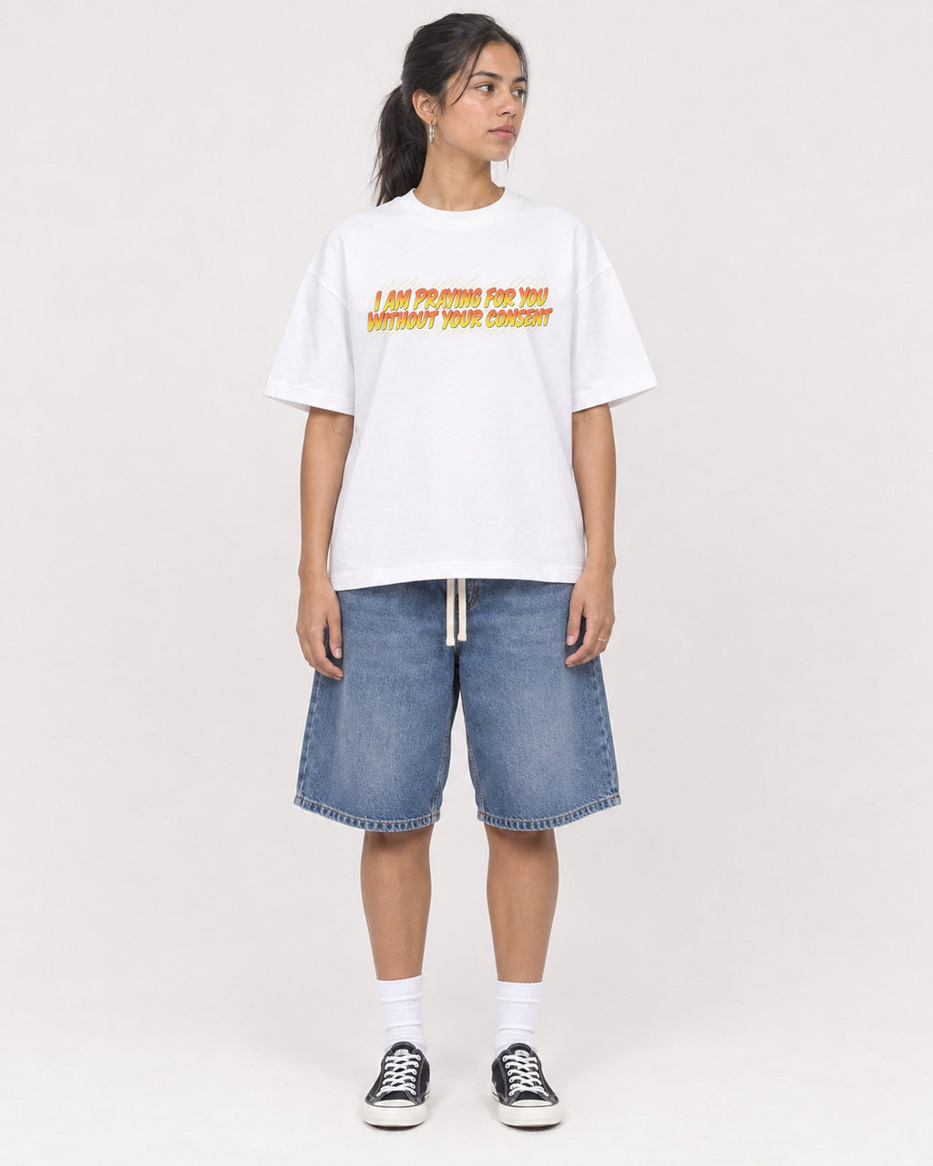 Mockup Boxy Heavyweight Tee White female full-body 16
