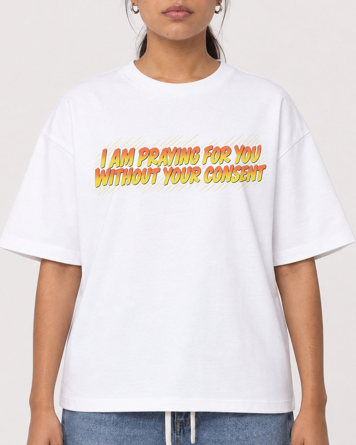 Mockup Boxy Heavyweight Tee White female close-up 16