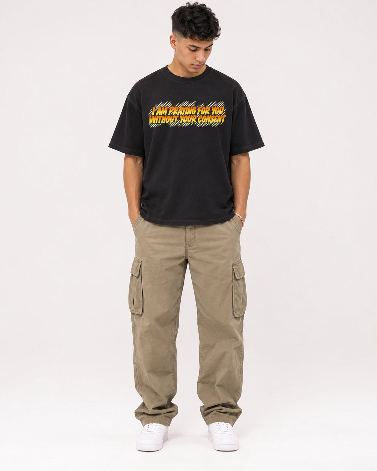 Mockup Boxy Heavyweight Tee Black male full-body 16
