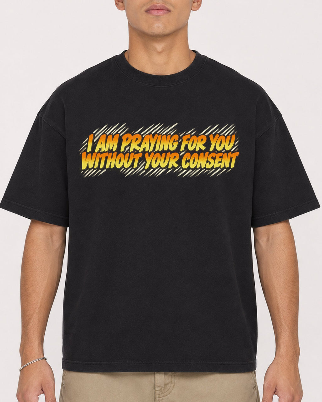 Mockup Boxy Heavyweight Tee Black male close-up 16