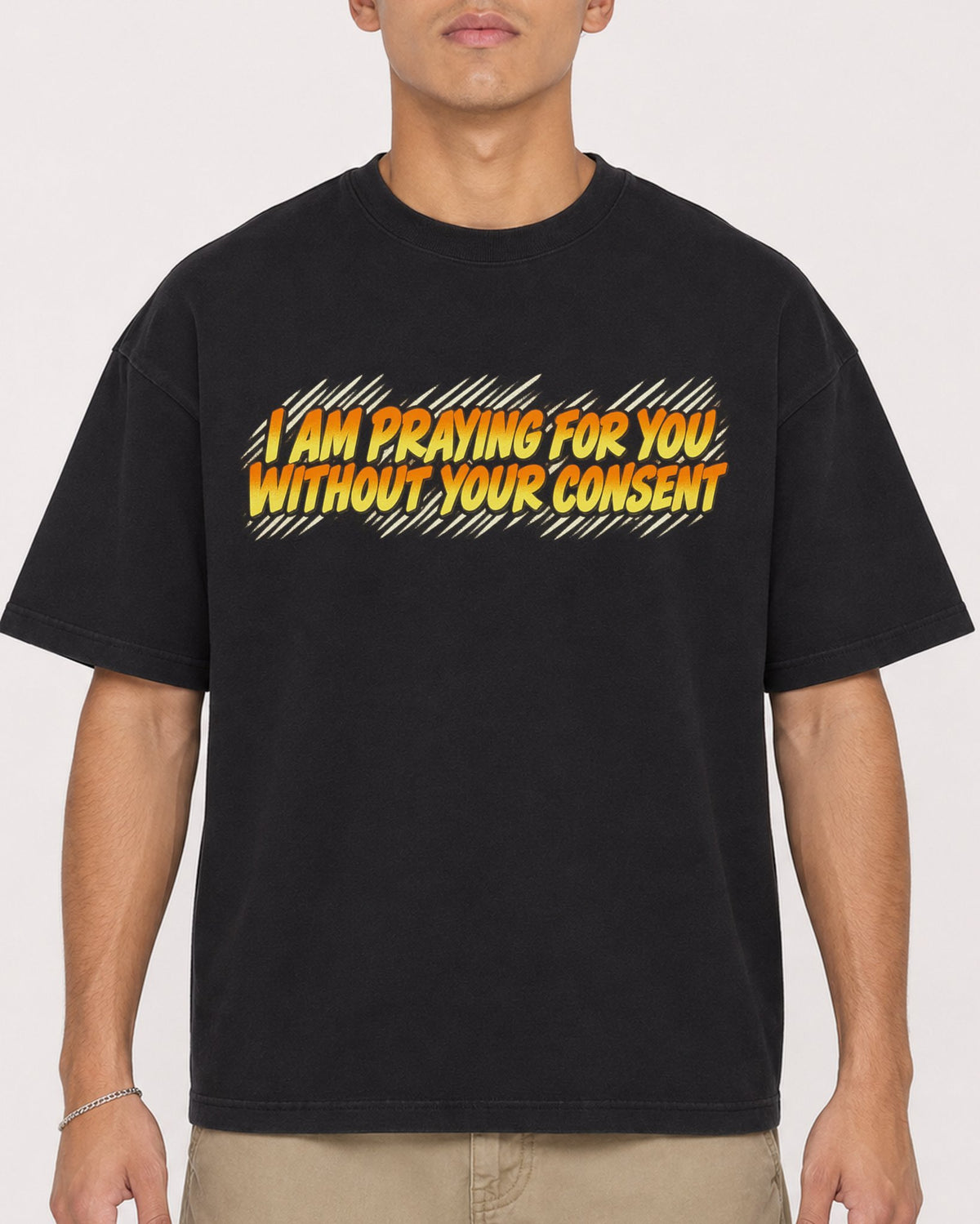 Mockup Boxy Heavyweight Tee Black male close-up 16