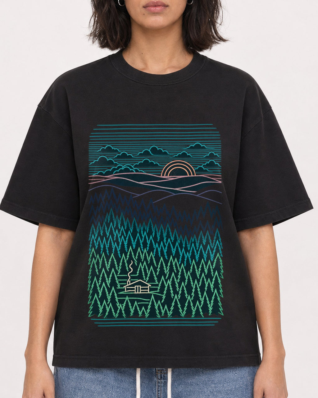 Mockup Boxy Heavyweight Tee Black female close-up 37