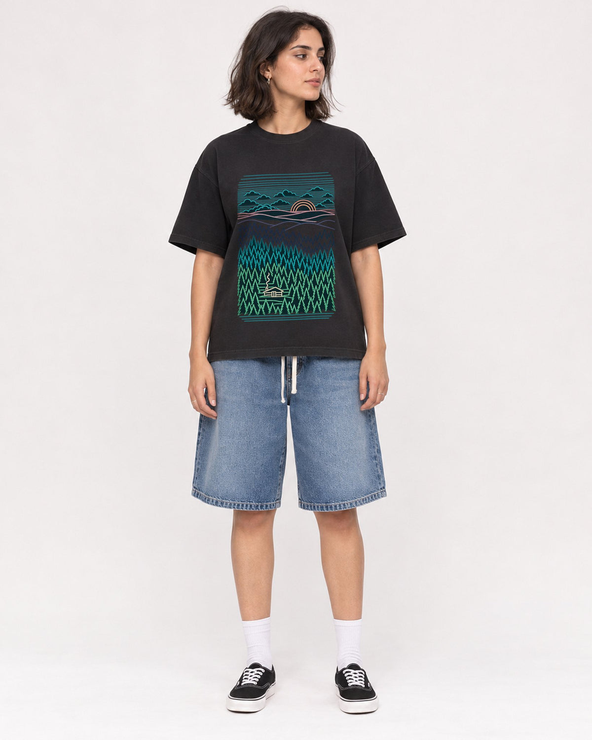 Mockup Boxy Heavyweight Tee Black female full-body 37