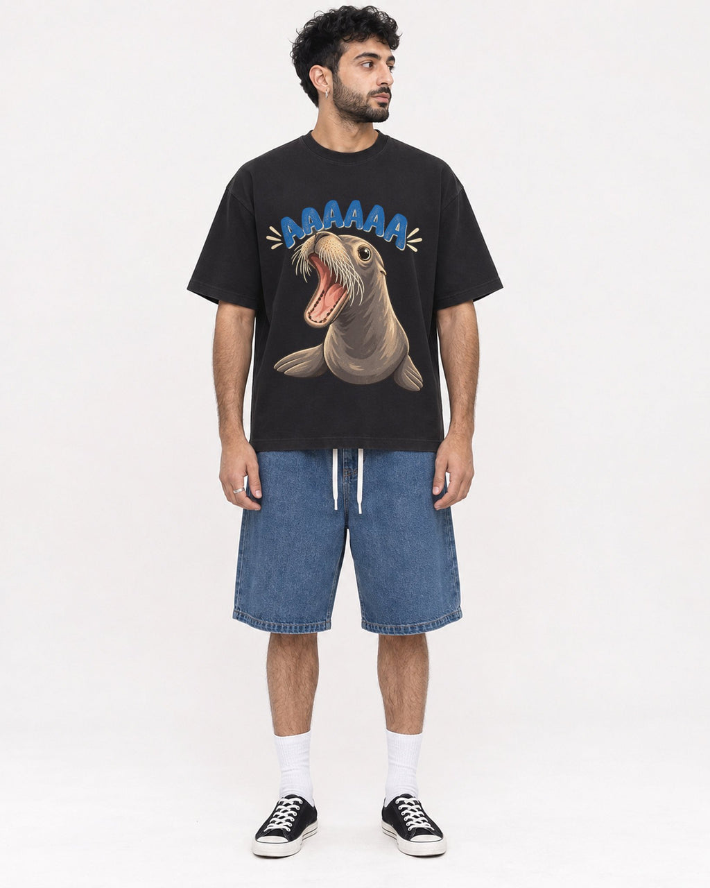 Mockup Boxy Heavyweight Tee Black male full-body 07