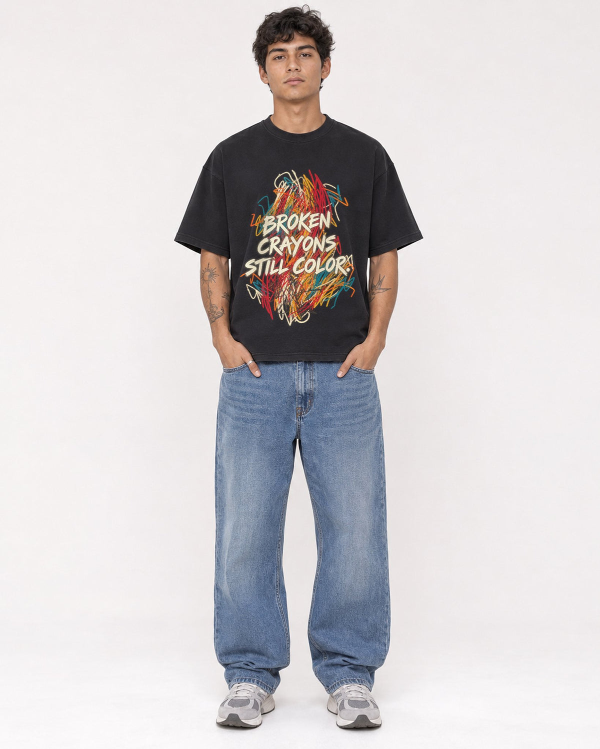 Mockup Boxy Heavyweight Tee Black male full-body 06