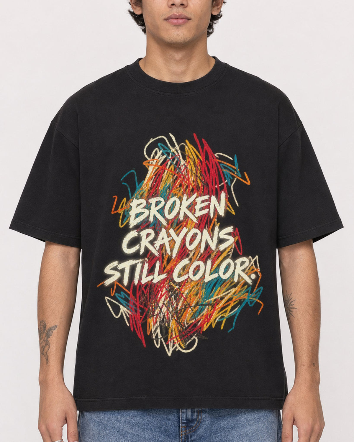 Mockup Boxy Heavyweight Tee Black male close-up 06