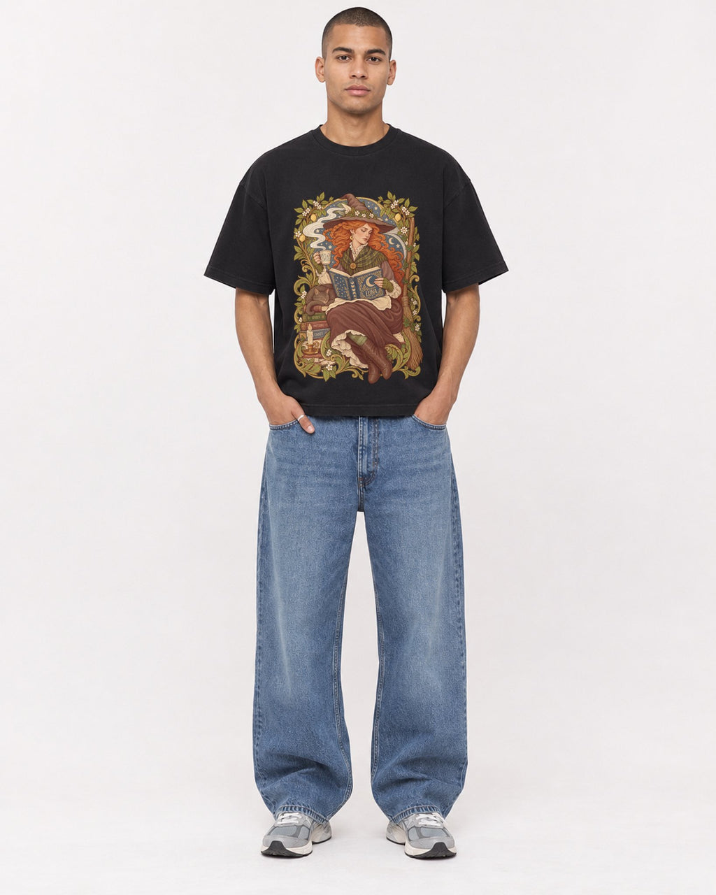 Mockup Boxy Heavyweight Tee Black male full-body 50
