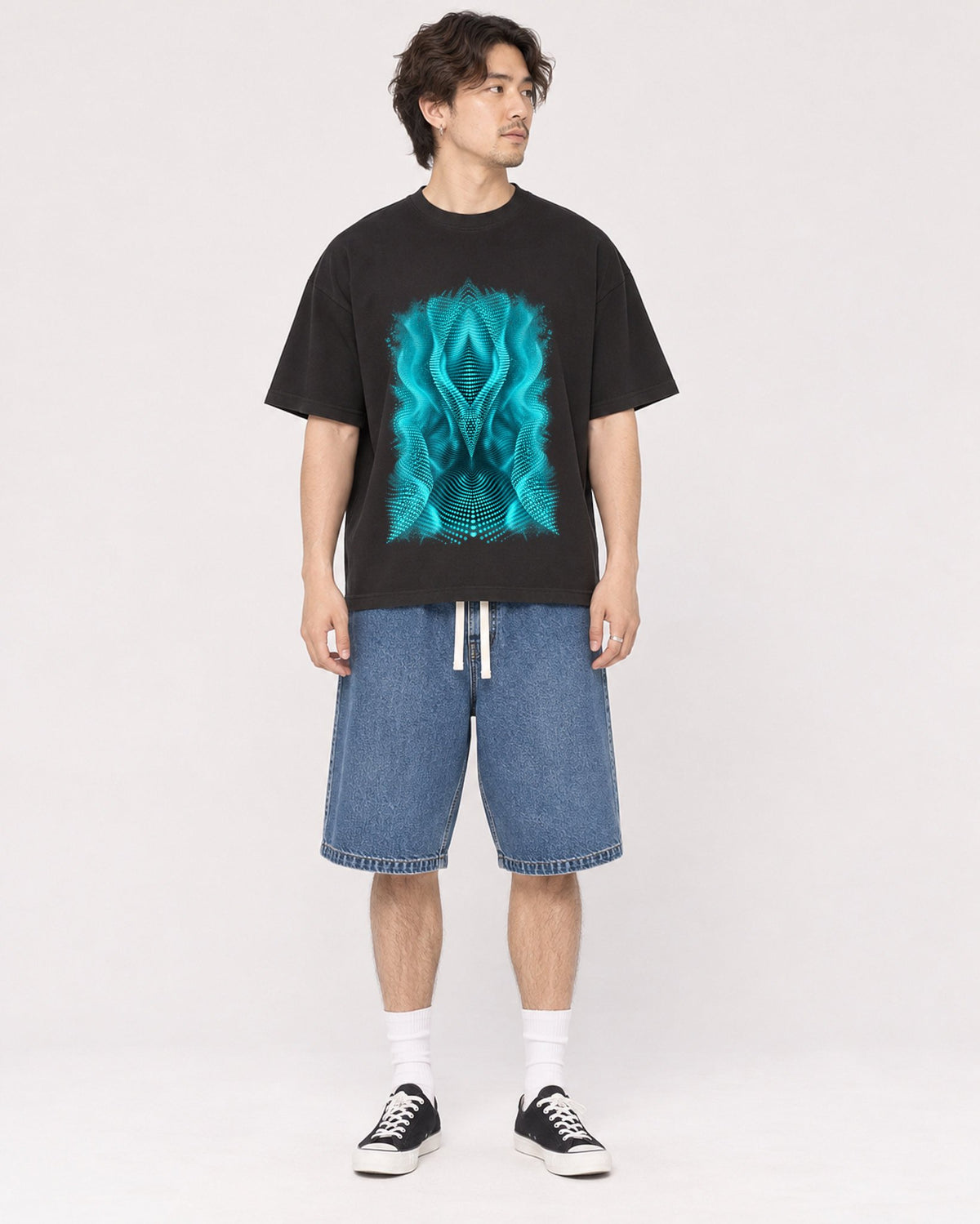 Mockup Boxy Heavyweight Tee Black male full-body 03