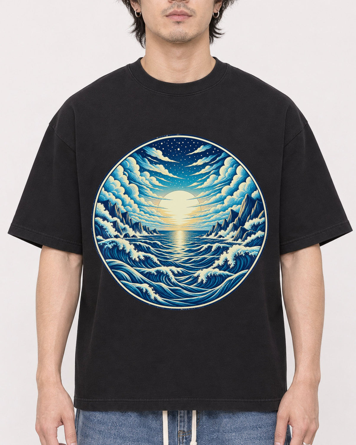 Mockup Boxy Heavyweight Tee Black male close-up 03
