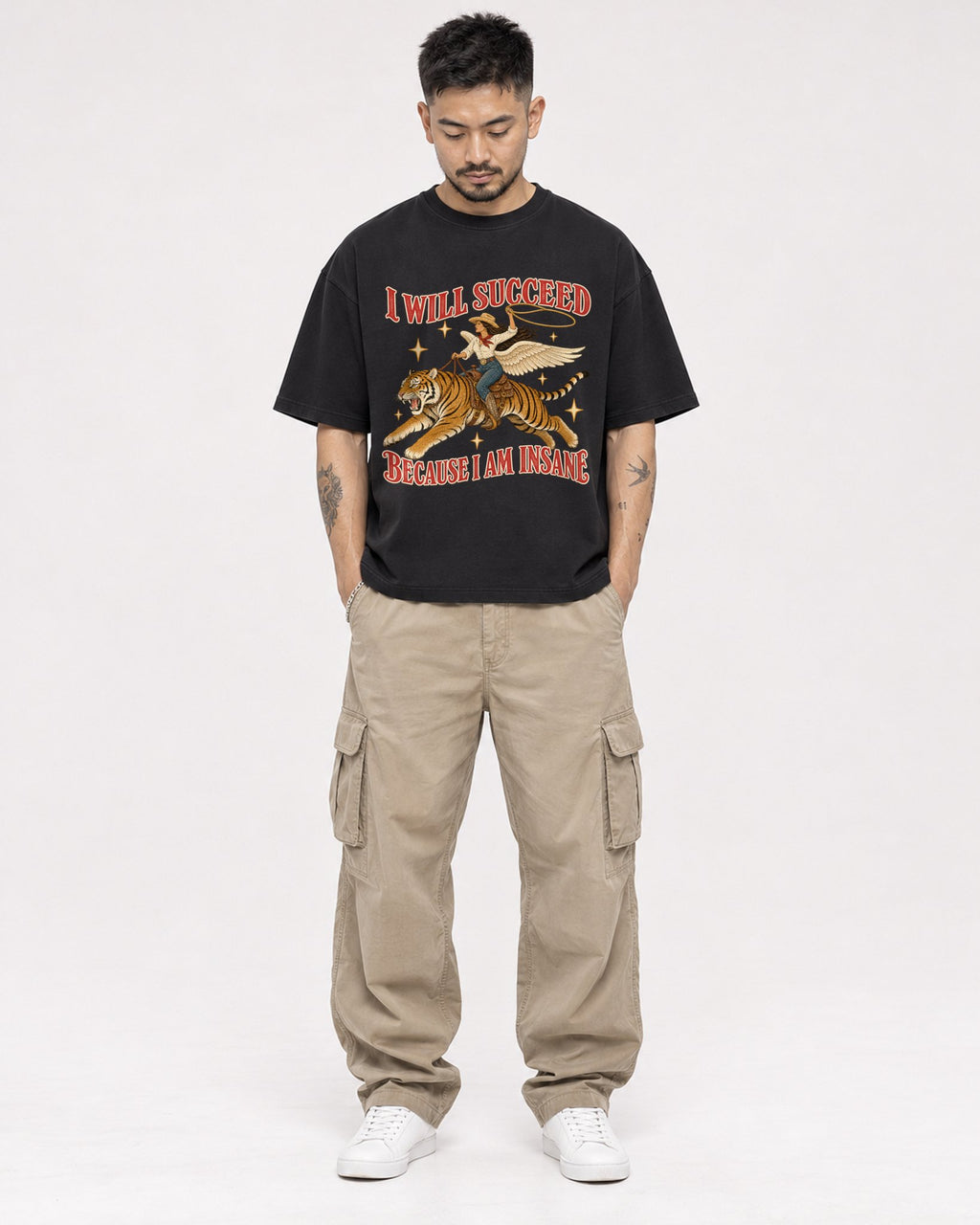 Mockup Boxy Heavyweight Tee Black male full-body 12