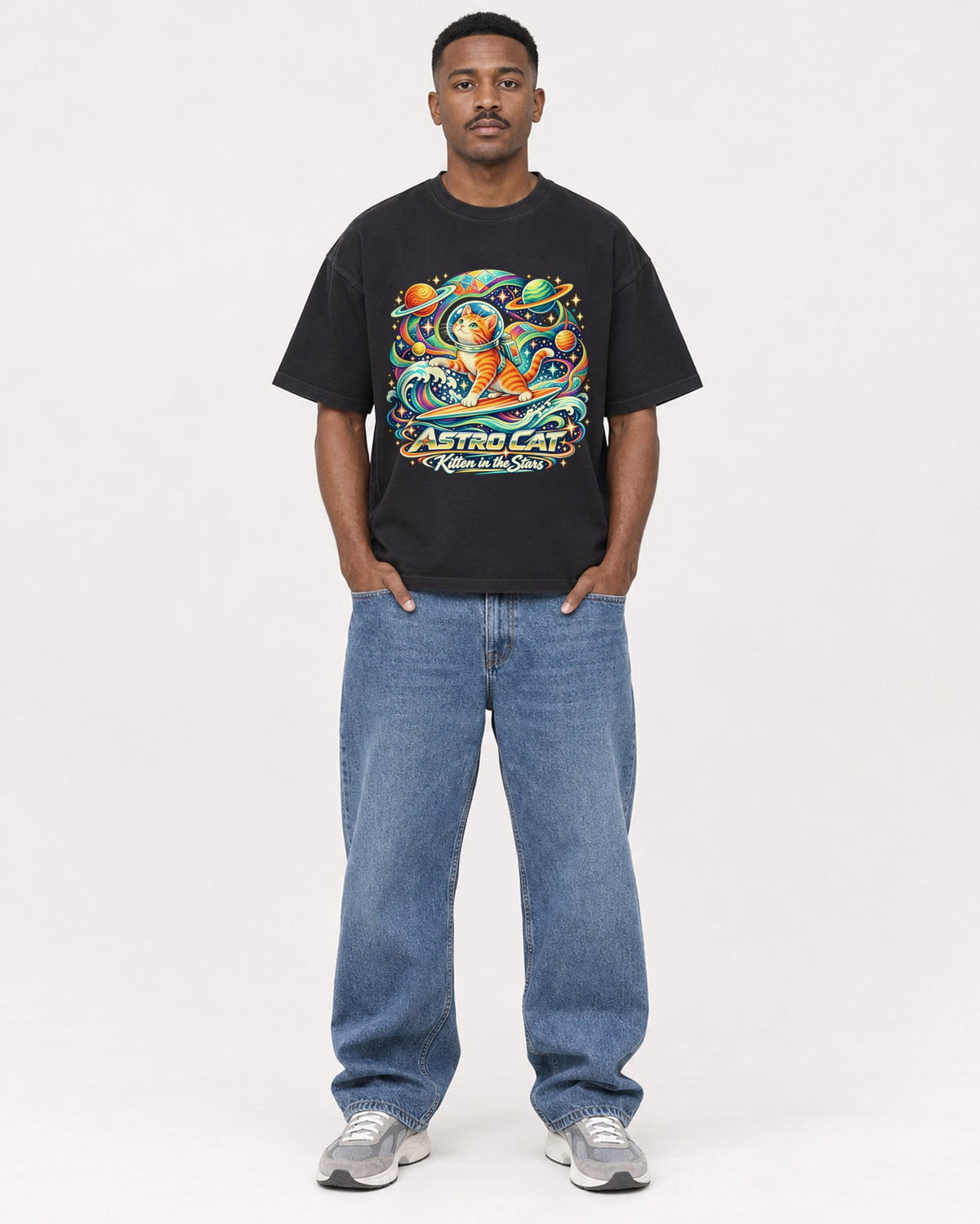 Mockup Boxy Heavyweight Tee Black male full-body 14
