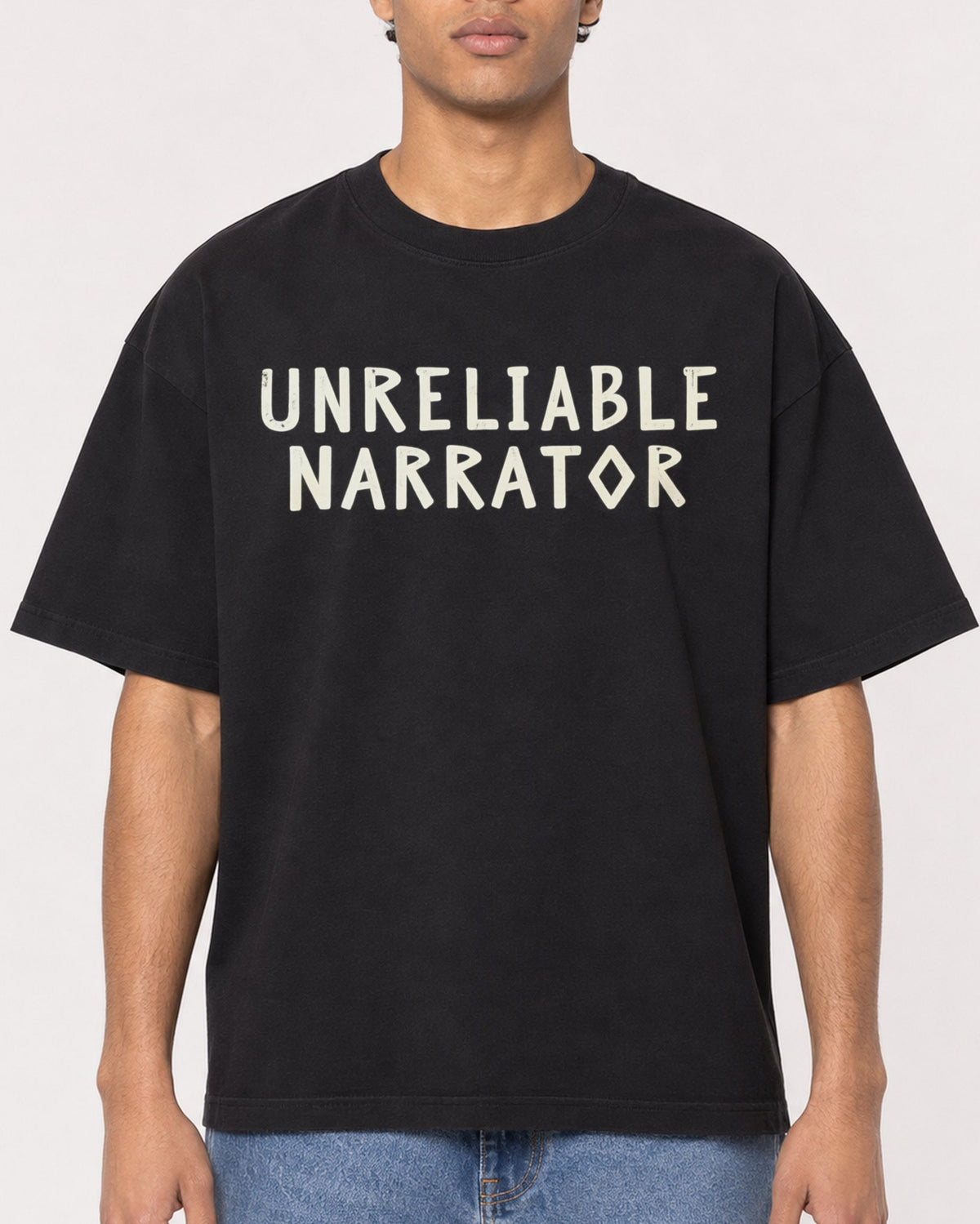 Mockup Boxy Heavyweight Tee Black male close-up 10