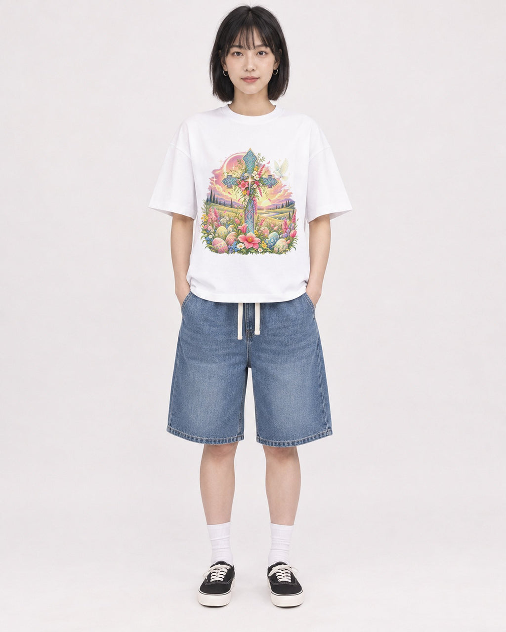 Mockup Boxy Heavyweight Tee White female full-body 11