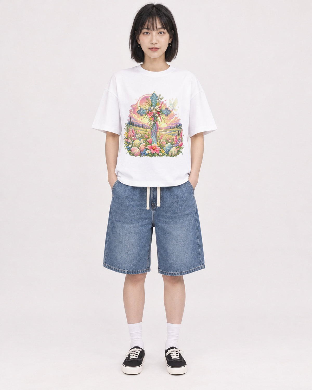 Mockup Boxy Heavyweight Tee White female full-body 11