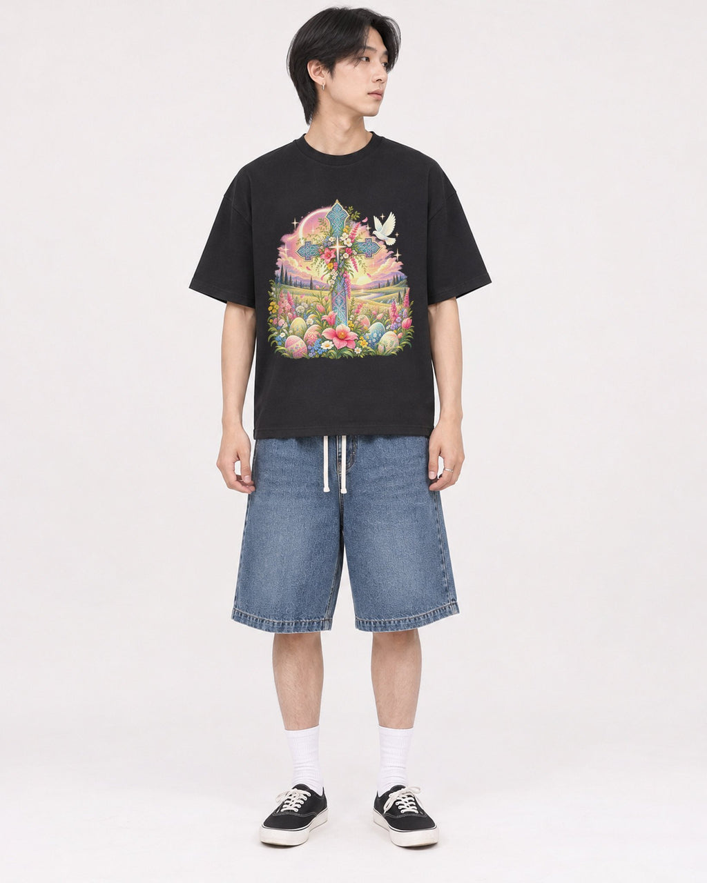 Mockup Boxy Heavyweight Tee Black male full-body 11