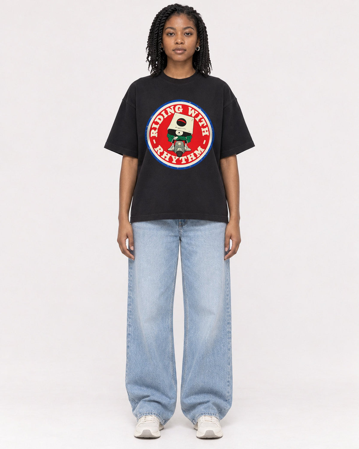 Mockup Boxy Heavyweight Tee Black female full-body 15