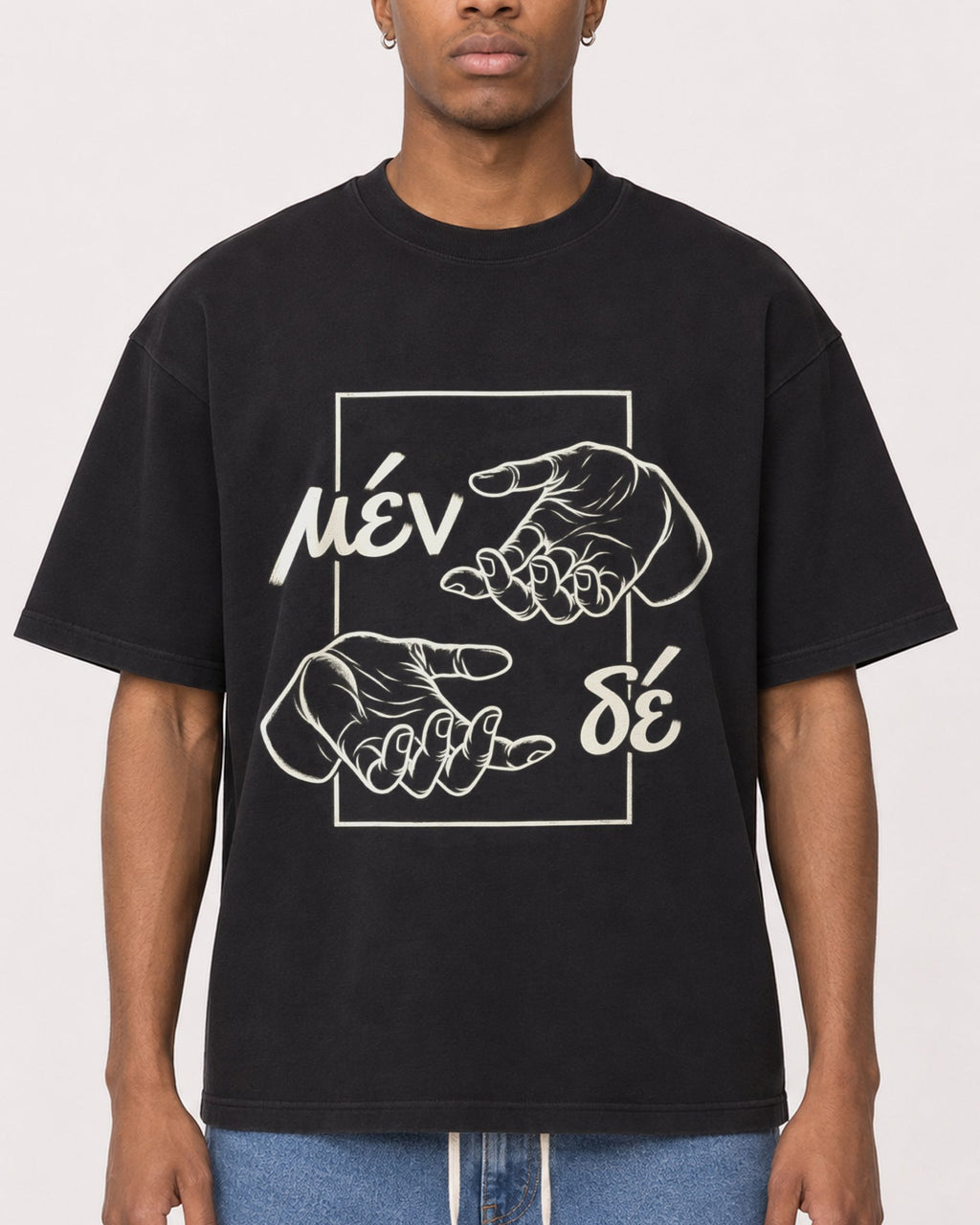 Mockup Boxy Heavyweight Tee Black male close-up 35