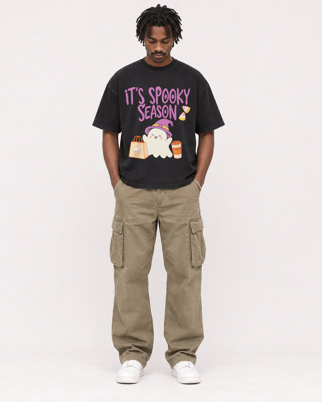 Mockup Boxy Heavyweight Tee Black male full-body 04